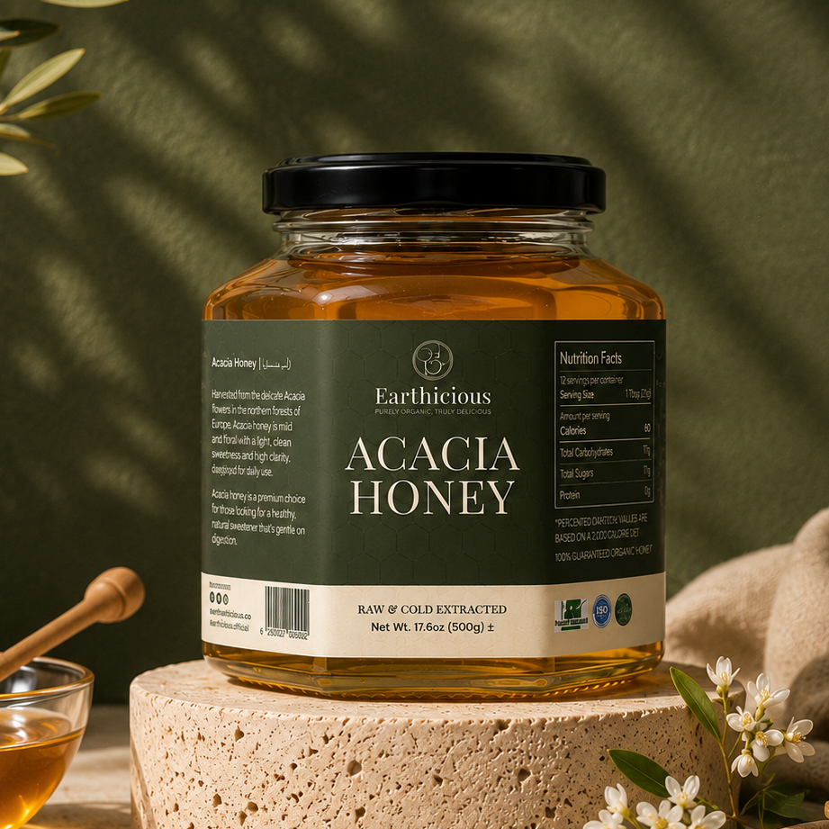 Jar of Earthicious pure raw Acacia honey — unfiltered asli shahad sold online in Pakistan