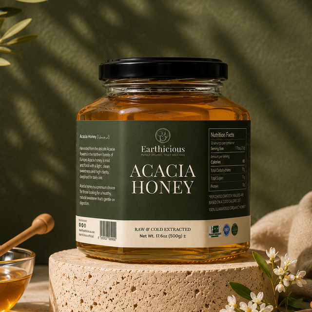 Jar of Earthicious pure raw Acacia honey — unfiltered asli shahad sold online in Pakistan