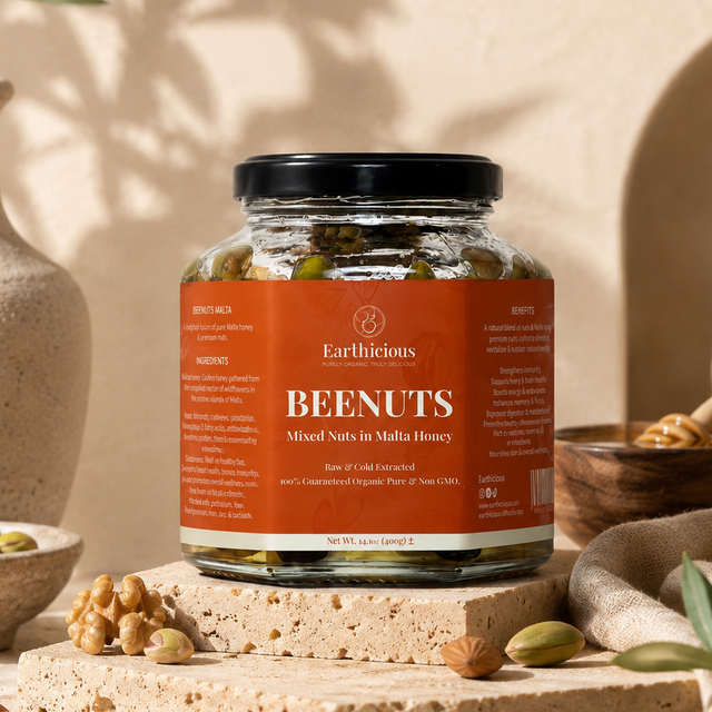 Jar of Earthicious Beenuts — mixed dry fruits in pure Malta honey, a natural no-sugar energy snack