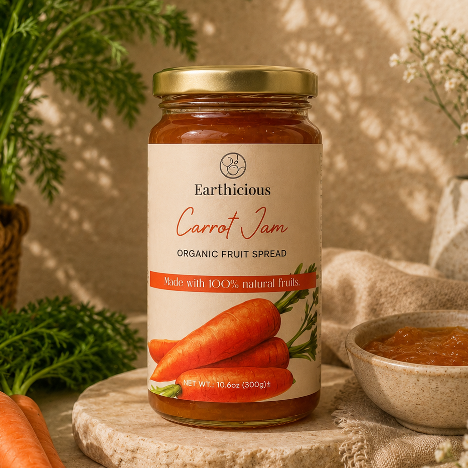 Jar of Earthicious Carrot Jam (gajar jam) made from fresh carrots with no preservatives
