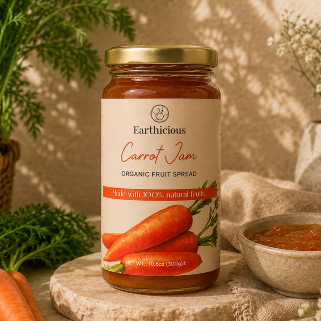 Jar of Earthicious Carrot Jam (gajar jam) made from fresh carrots with no preservatives