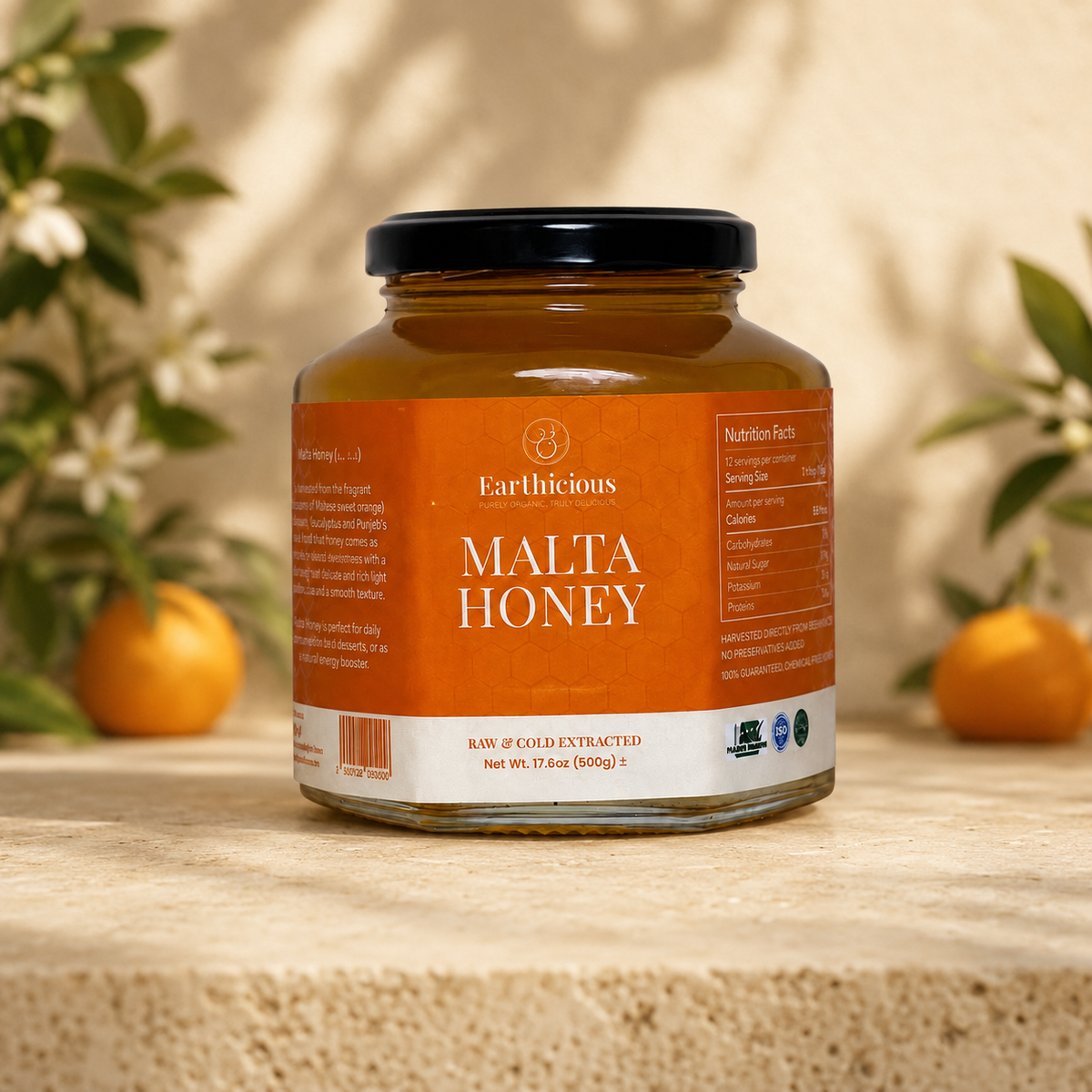 Jar of Earthicious premium Malta honey — raw citrus-blossom asli shahad from Pakistan