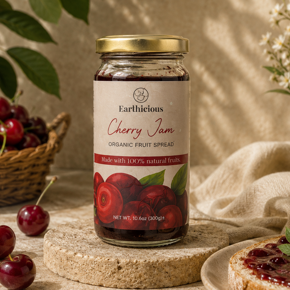 Jar of Earthicious Cherry Jam made with real cherries and no artificial colours or flavours