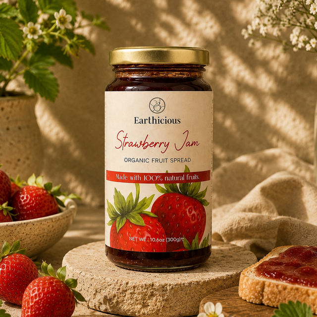 Jar of Earthicious Strawberry Jam made with real strawberries and no artificial colours