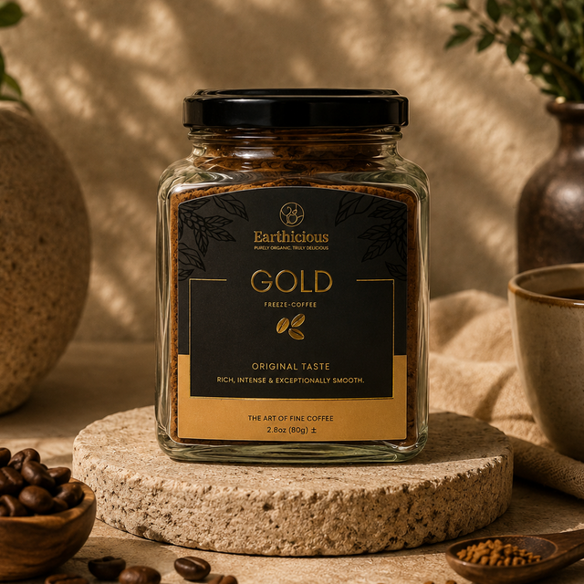 Jar of Earthicious premium ground coffee, freshly packed in Pakistan for a rich aromatic brew