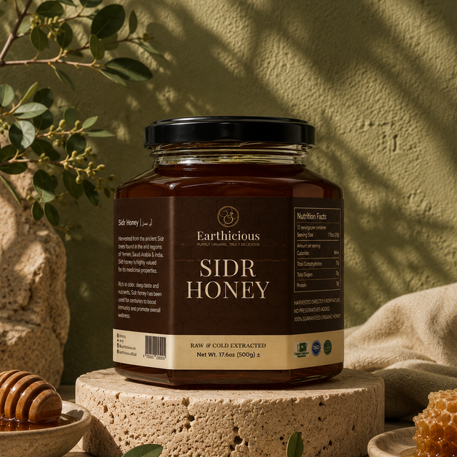 Jar of Earthicious pure Sidr honey — authentic raw beri shahad harvested in Pakistan